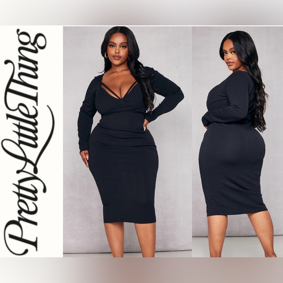 ELEGANT BLACK STRAP DETAIL LONGSLEEVE MIDI DRESS - Picture 1 of 8